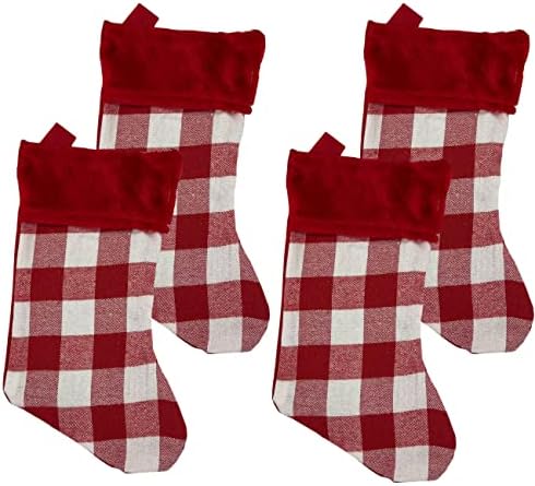 Весели празници, Коледни филц чорапи в клетка от Бъфало - 18 см в червено-бялата клетка с червени белезници (комплект от 4 броя), клетка