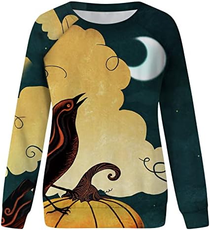 BRKEWI/ Дамски Блузи на Хелоуин, на Raglan, Дълъг Ръкав, Деколте Устата, Графична Тениска с Пустинен Гробището, Готически Вълнуващо Пуловер