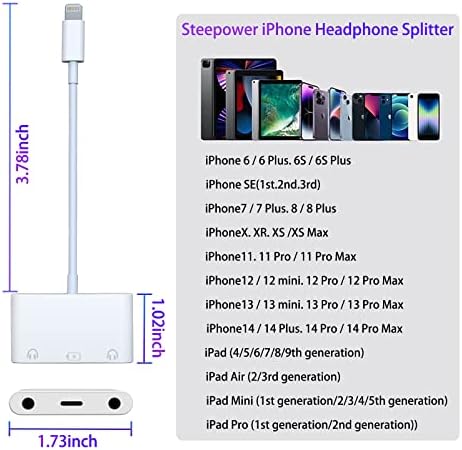 Жак за слушалки Steepower 3,5 мм i-Phone, адаптер 3 в 1 с два 3.5 мм конектори за слушалки и порт за захранване, съвместим с i-Phone