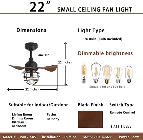 Вентилатор на тавана GESUM с подсветка, 22-канален Малък вентилатор на Тавана в фермерска къща с регулируема яркост на лампата, вентилатор