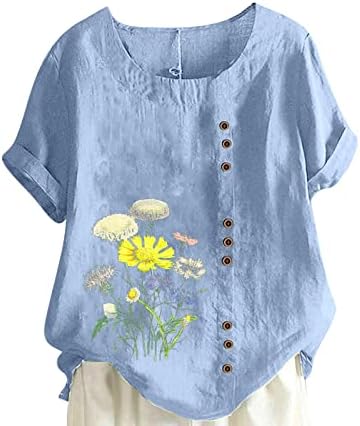 Сладък Памук, Ленени Блузи за Жени, по-Големи Размери, Тениска с Къс Ръкав и Цветен Модел, Декор Копчета, Свободна Блуза 2023