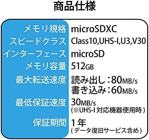 Карта памет microSD Elecom MF-MS512GU13V3R, 512 GB, клас на скорост на видео SDXC, UHS-I, U3, 80 МБ/с Услуга за възстановяване на данни